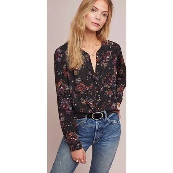 Anthropologie Conversations 28 of 52 Colloquial Peacock Collarless Button Down - Picture 2 of 15